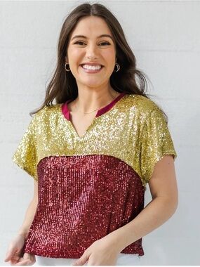 Gold and Burgundy Sequin V-Neck Short Sleeve Top
